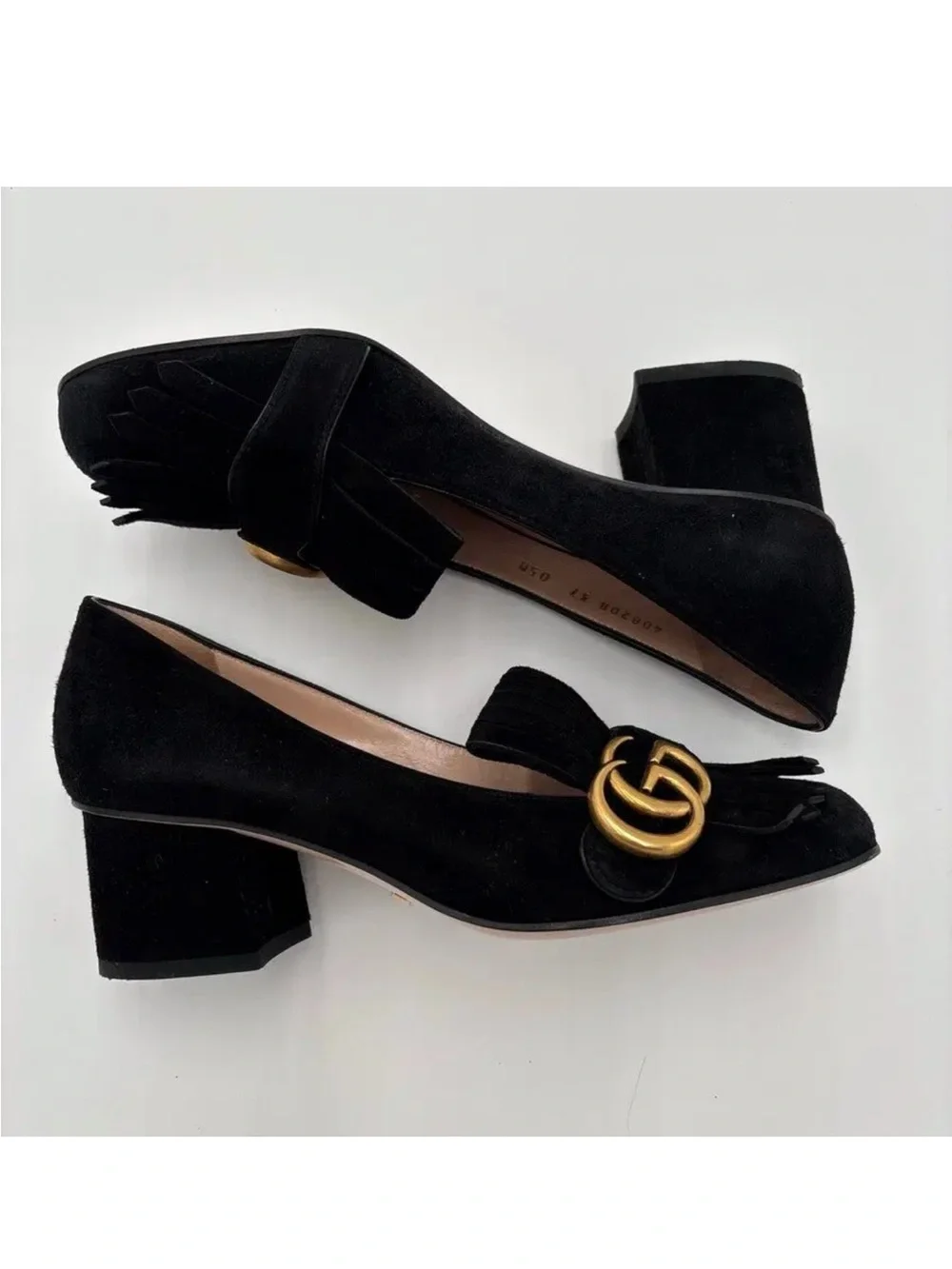 Gucci Black Suede Marmont Fringe Block Heel Loafers with Gold GG in Sz 38 1/2